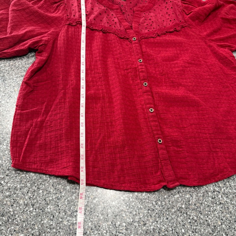 Knox Rose Red Eyelet Lace Yoke Button Front Gauze Blouse XXL Short Sleeve Boho - Picture 7 of 7